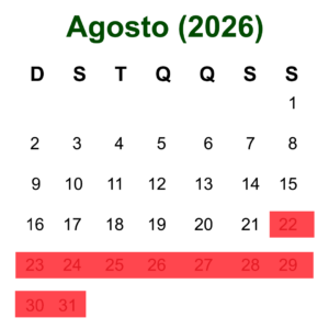 Calendário de Agosto de 2026 mostrando as datas disponíveis para hospedagem em Olímpia