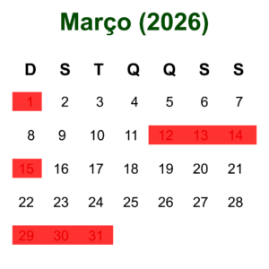 Calendário de Março de 2026 mostrando as datas disponíveis para hospedagem em Olímpia