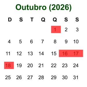 Calendário de Outubro de 2026 mostrando as datas disponíveis para hospedagem em Olímpia