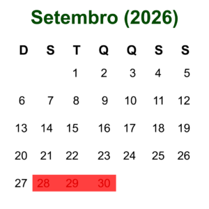 Calendário de Setembro de 2026 mostrando as datas disponíveis para hospedagem em Olímpia