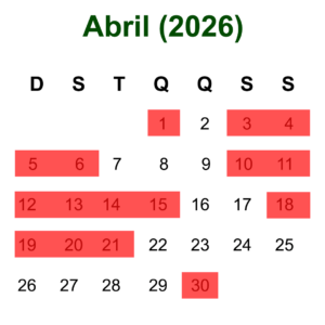 Calendário de Abril de 2026 mostrando as datas disponíveis para hospedagem em Olímpia