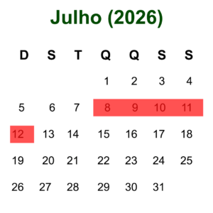 Calendário de Julho de 2026 mostrando as datas disponíveis para hospedagem em Olímpia