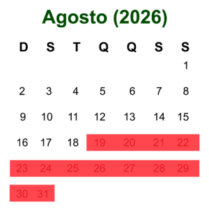 Calendário de Agosto de 2026 mostrando as datas disponíveis para hospedagem em Olímpia