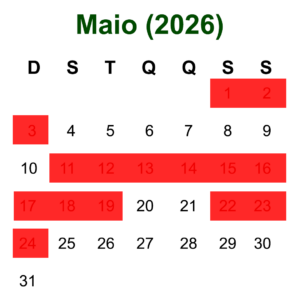 Calendário de Maio de 2026 mostrando as datas disponíveis para hospedagem em Olímpia