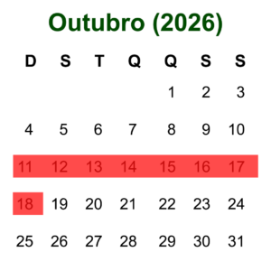 Calendário de Outubro de 2026 mostrando as datas disponíveis para hospedagem em Olímpia