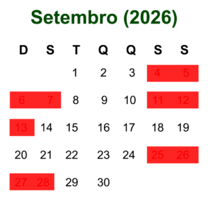 Calendário de Setembro de 2026 mostrando as datas disponíveis para hospedagem em Olímpia