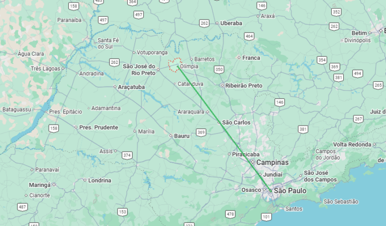 Mapa do estado de São Paulo indicando onde fica o Thermas dos Laranjais para quem planeja viajar para Olímpia
