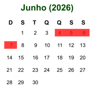 Calendário de Junho de 2026 mostrando as datas disponíveis para hospedagem em Olímpia