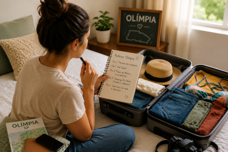 Mulher planejando quantos dias ficar em Olímpia enquanto arruma suas malas e faz uma lista de coisas para fazer