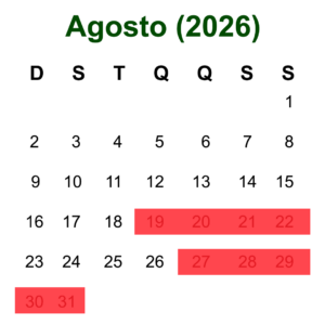 Calendário de Agosto de 2026 mostrando as datas disponíveis para hospedagem em Olímpia