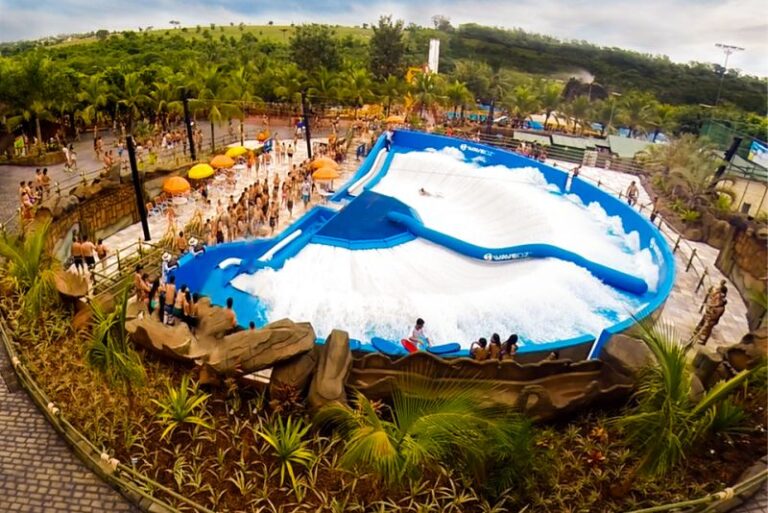 Surf master, um dos brinquedos do Thermas dos Laranjais, visto de cima em um dia ensolarado