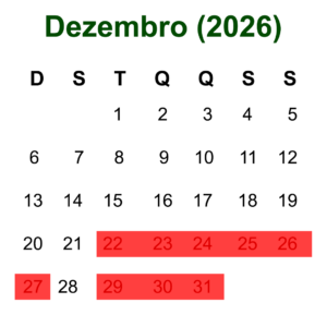 Calendário de Dezembro de 2026 mostrando as datas disponíveis para hospedagem em Olímpia