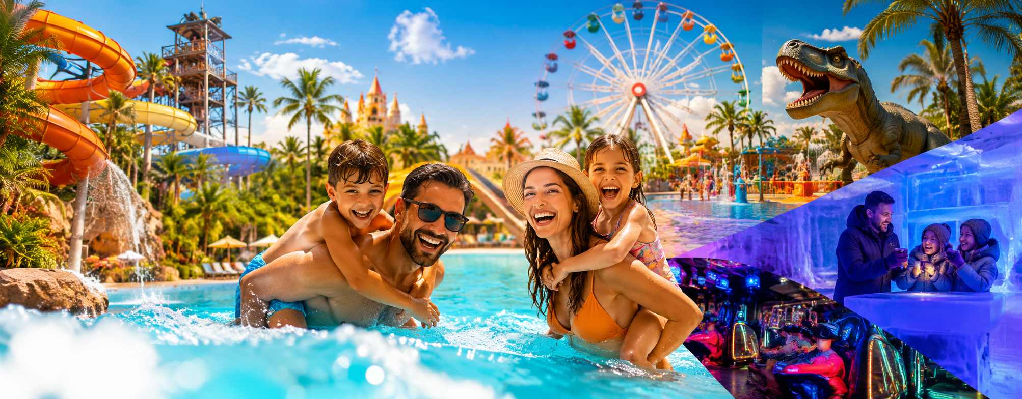 Família feliz na piscina do Thermas dos Laranjais aproveitando o Dia das Crianças em um dia ensolarado