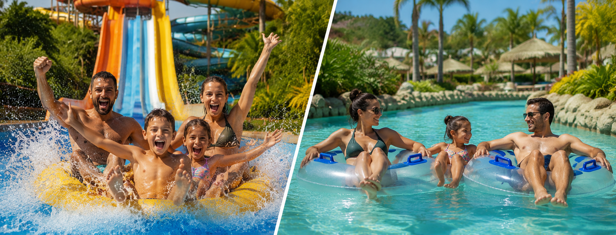 Comparação de duas famílias que poderiam aproveitar o Thermas dos Laranjais ou Hot Beach durante viagem para Olímpia