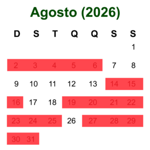 Calendário de agosto para indicar as datas disponíveis para hospedagem em Olímpia no Recanto dos Coqueiros