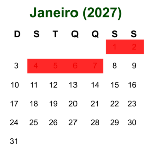 Calendário de hospedagem em Olímpia referente a Janeiro de 2027 com as datas indisponíveis em vermelho