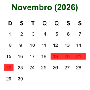 Calendário de Novembro para demonstrar como está a hospedagem em Olímpia no Recanto dos Coqueiros