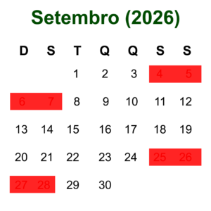 Calendário de Setembro de 2026 mostrando as datas disponíveis para hospedagem em Olímpia