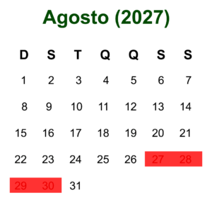 Calendário de hospedagem em Olímpia de agosto de 2027 com as datas indisponíveis para alugar