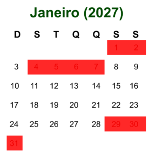 Calendário de hospedagem em Olímpia referente a Janeiro de 2027 com as datas indisponíveis em vermelho