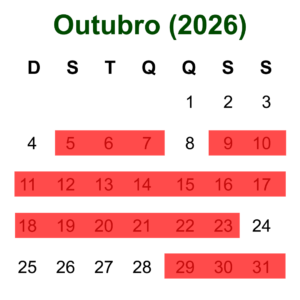 Calendário de hospedagem em Olímpia para o mês de outubro com as datas indisponíveis em vermelho