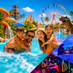 Família feliz na piscina do Thermas dos Laranjais aproveitando o Dia das Crianças em um dia ensolarado