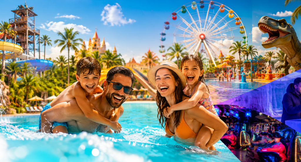 Família feliz na piscina do Thermas dos Laranjais aproveitando o Dia das Crianças em um dia ensolarado
