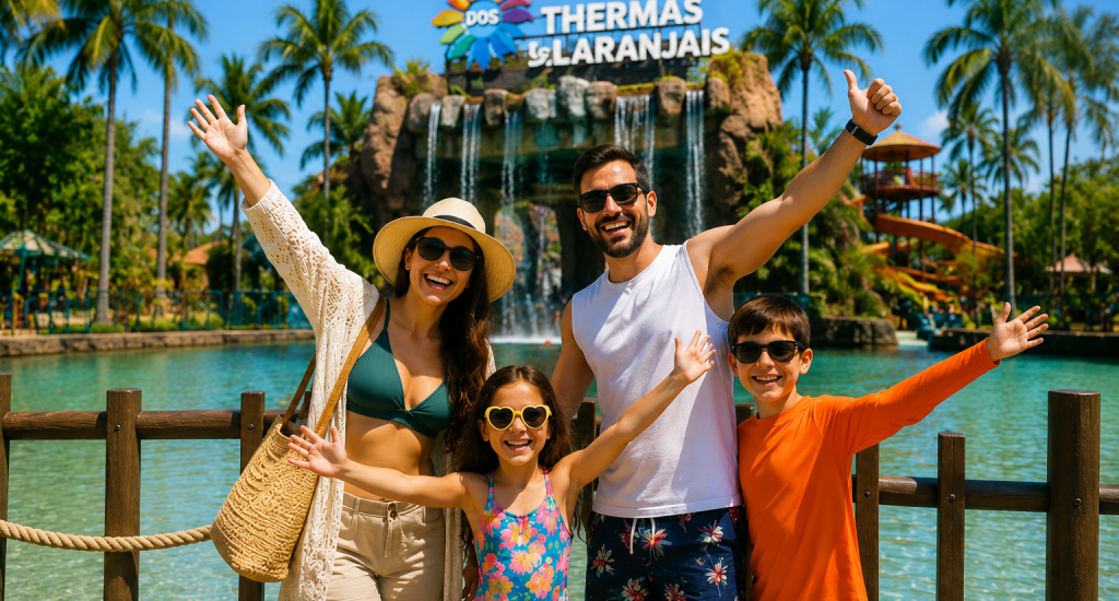 Família feliz depois de decidir quantos dias ficar em Olímpia em sua próxima viagem
